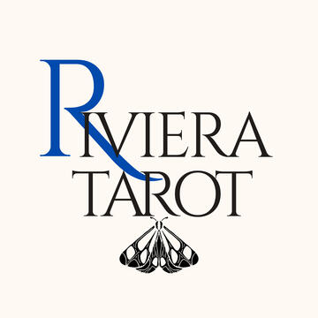 Riviera Tarot Logo Riviera Tarot avec monogramme R bleu cobalt et papillon stylisé